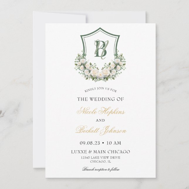 Convite Crest de Flores Brancas Casamento (Frente)