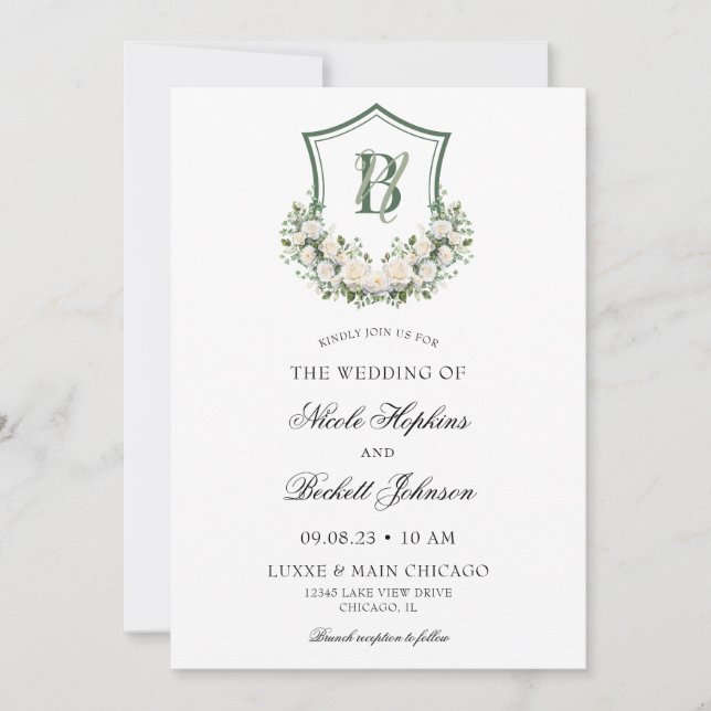 Convite Crest de Flores Brancas Casamento (Frente)
