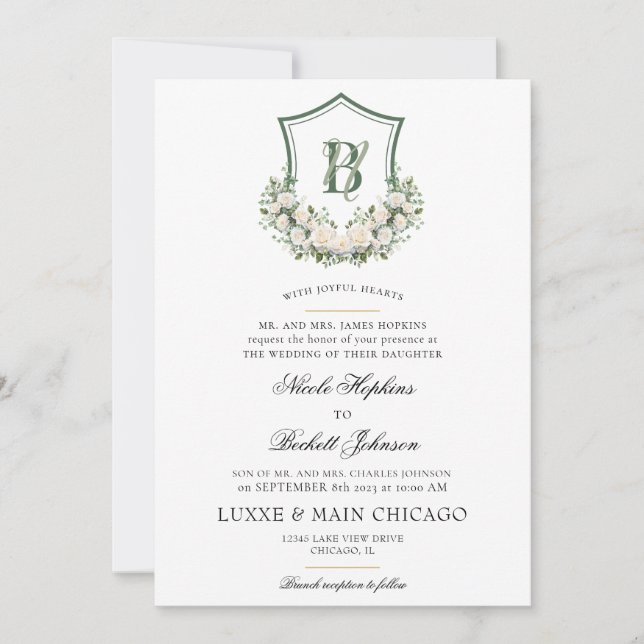 Convite Crest de Flores Brancas Casamento (Frente)