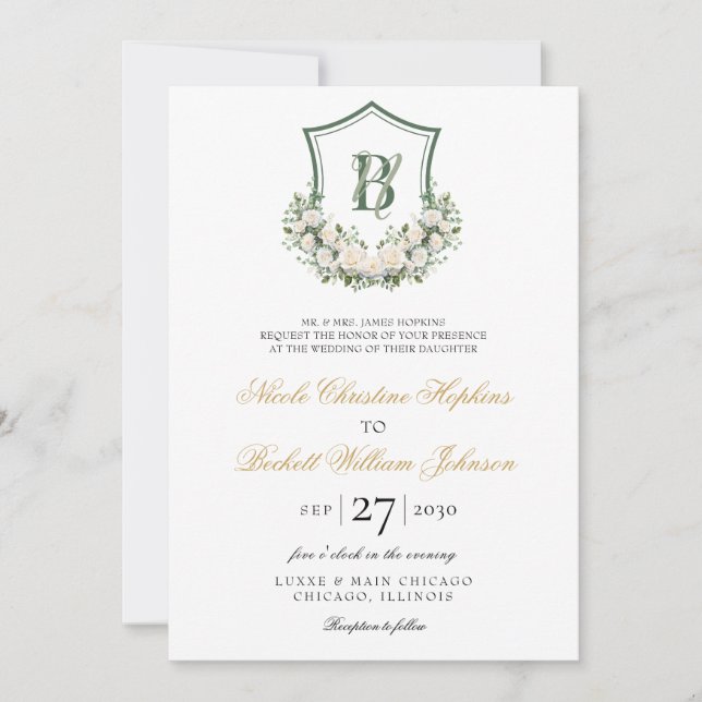 Convite Crest de Flores Brancas Casamento (Frente)