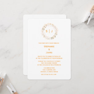 Convite Crest de Folha Monograma Laranja Branco Casamento
