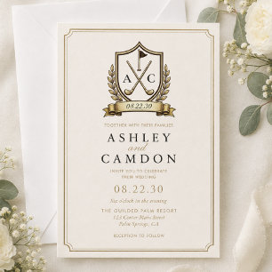Convite Crest de Golfe Monograma Casamento Ouro