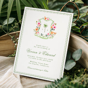 Convite Crest de Palmeira Monograma Casamento Tropical na