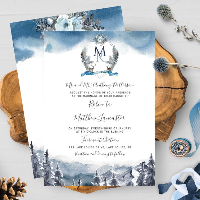 Convite Crest e Montanhas de Aquarela, Casamento Azul Dust (Criador carregado)