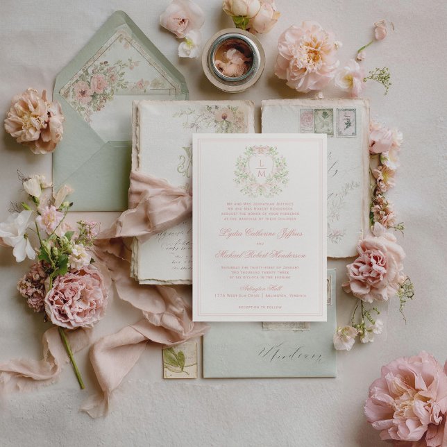 Convite Crest Elegante com Arco rosa esfarelado | Casament (Green envelope and other items not included.)