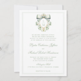 Convite Crest Elegante com Arco Verde Sage | Casamento Mon
