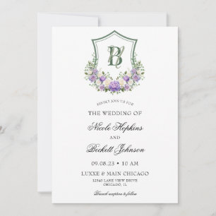 Convite Crest Floral Branco Roxo Casamento