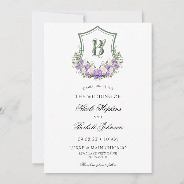 Convite Crest Floral Branco Roxo Casamento (Frente)