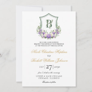 Convite Crest Floral Branco Roxo Casamento