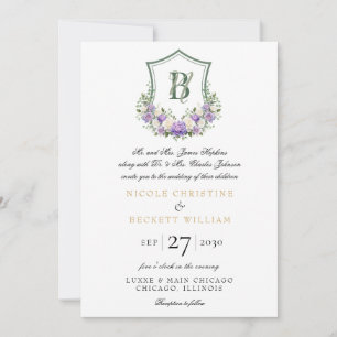 Convite Crest Floral Branco Roxo Casamento