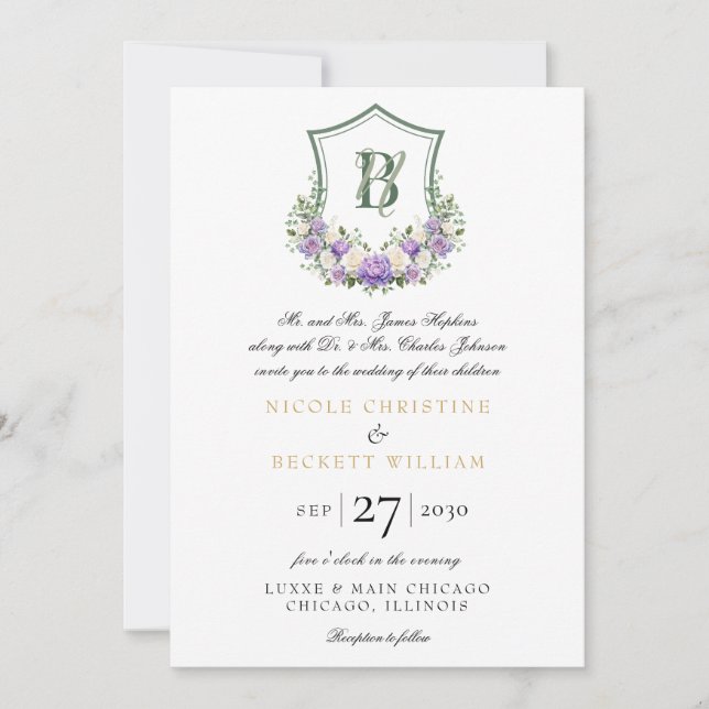 Convite Crest Floral Branco Roxo Casamento (Frente)