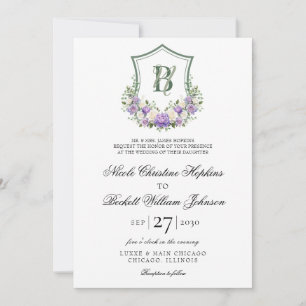 Convite Crest Floral Branco Roxo Casamento