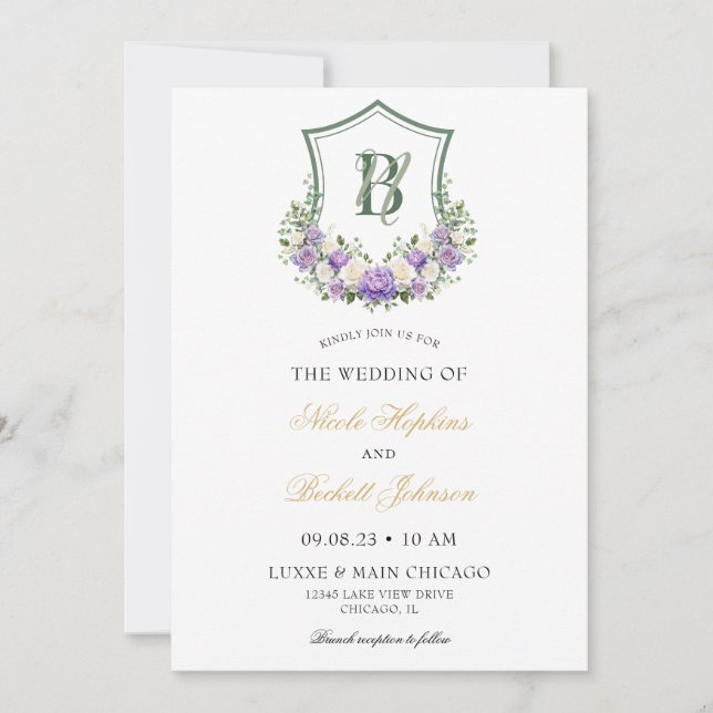 Convite Crest Floral Branco Roxo Casamento (Frente)