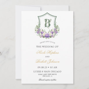 Convite Crest Floral Branco Roxo Casamento