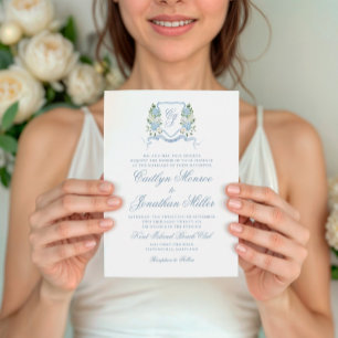 Convite Crest Floral de Aquarela Azul Empoeirado Casamento