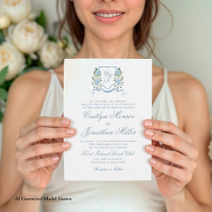 Convite Crest Floral de Aquarela Azul Empoeirado Casamento