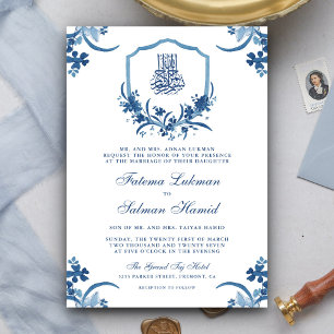 Convite Crest Floral de Aquarela Azul Rústico Casamento Mu