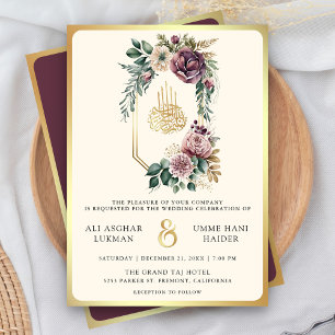 Convite Crest Floral Dourado Roxo Muslim Wedding