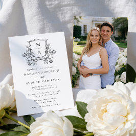 Convite Crest Floral Elegante Monograma Foto Casamento