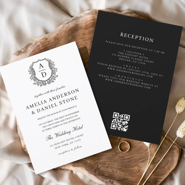 Convite Crest Floral Formal Monograma Casamento Código QR (Criador carregado)