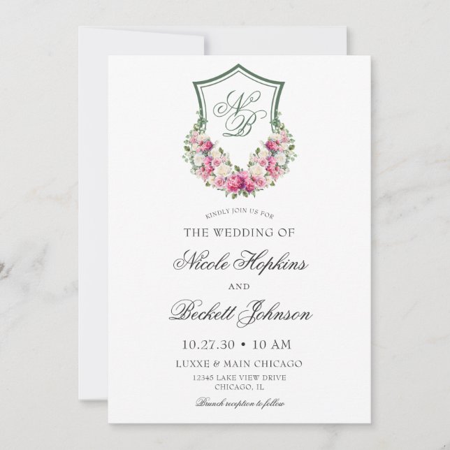 Convite Crest Floral Rosa Casamento (Frente)