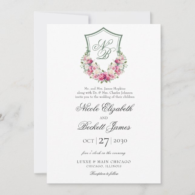 Convite Crest Floral Rosa Casamento (Frente)