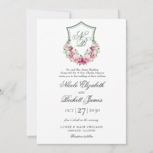Convite Crest Floral Rosa Casamento