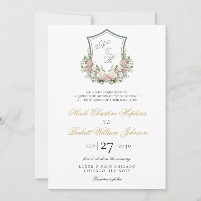 Convite Crest Floral Rosa Casamento (Frente)