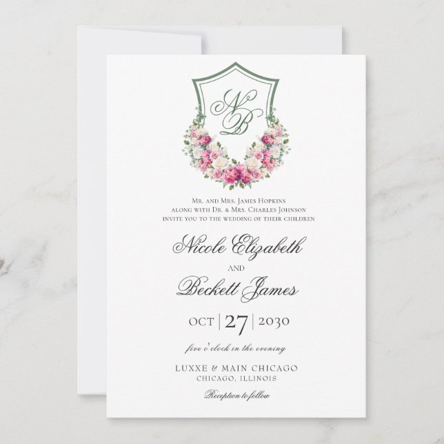 Convite Crest Floral Rosa Casamento (Frente)
