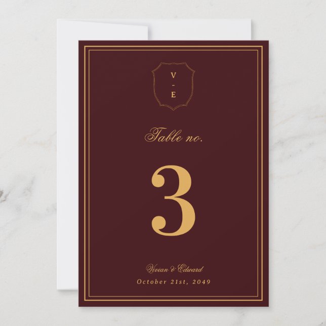 Convite Crest Monogram Burgundy Gold Wedding Table Number (Frente)