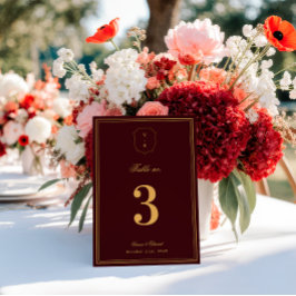 Convite Crest Monogram Burgundy Gold Wedding Table Number