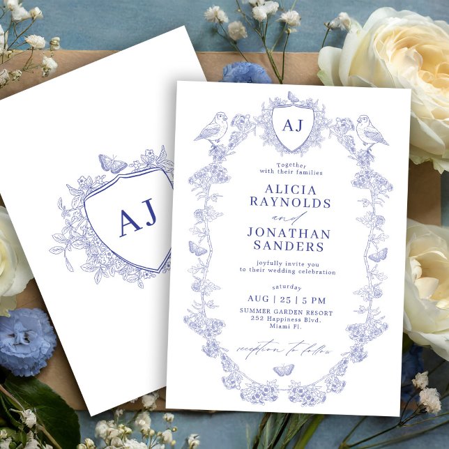 Convite Crest monogram classic blue toile de jouy wedding (Criador carregado)