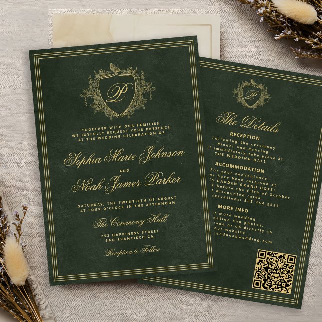 Convite Crest monogram QR code emerald green gold wedding (Criador carregado)