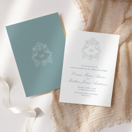 Convite Crest Monograma Azul Empoeirado Casamento Sofistic