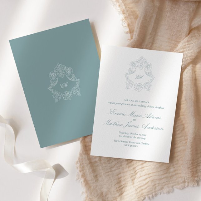 Convite Crest Monograma Azul Empoeirado Casamento Sofistic (Criador carregado)