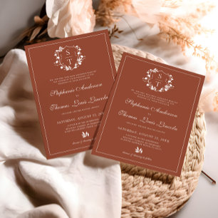 Convite Crest Monograma Botânico Terracota Casamento