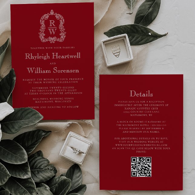 Convite Crest Monograma Casamento Código QR Vermelho Cranb (Criador carregado)