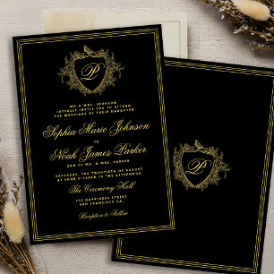 Convite Crest monograma clássico dourado preto casamento
