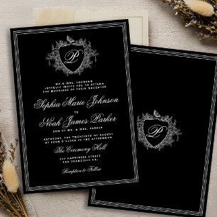 Convite Crest monograma clássico preto e branco casamento