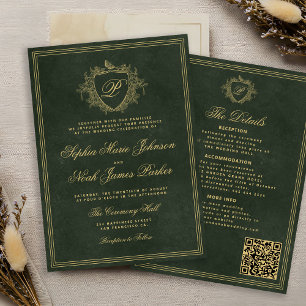 Convite Crest monograma código QR esmeralda verde dourado