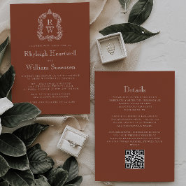 Convite Crest Monograma Código QR Terracota Casamento