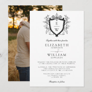 Convite Crest Monograma Preto e Branco Foto Casamento