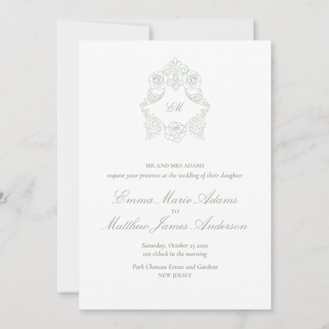 Convite Crest Monograma Verde Sálvia Casamento Clássico (Frente)