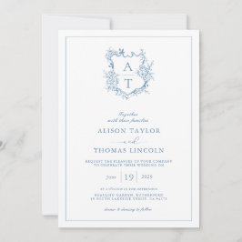 Convite Crest Vibrant Blue Monograma Código QR Casamento