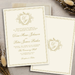 Convite Crest vintage dourado marfim monograma casamento
