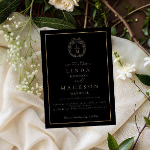Convite Crestão botânico monograma de casamento preto e do