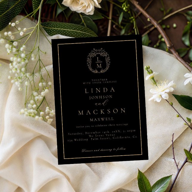 Convite Crestão botânico monograma de casamento preto e do (Criador carregado)