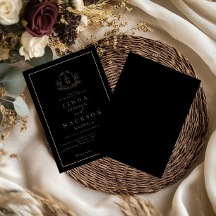 Convite Crestão botânico monograma de casamento preto e do