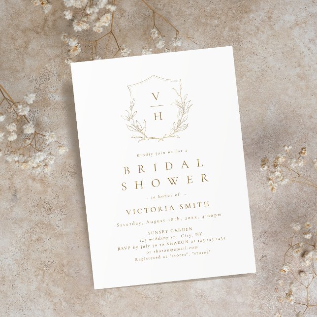 Convite Crestão botânico simples dourado para chá de noiva (Gold simple botanical crest monogram bridal shower invitation)