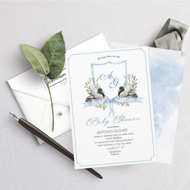 Convite Crestas de Aquarela Chá de fraldas de Pato Azul (Criador carregado)